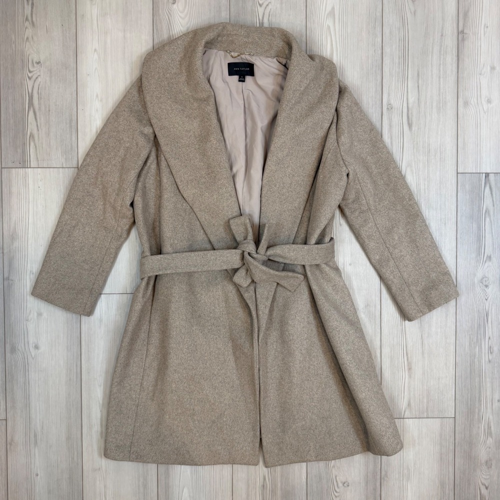 Ann Taylor Wool Blend Shawl Collar Wrap Coat Oatmeal Heather XL 473013